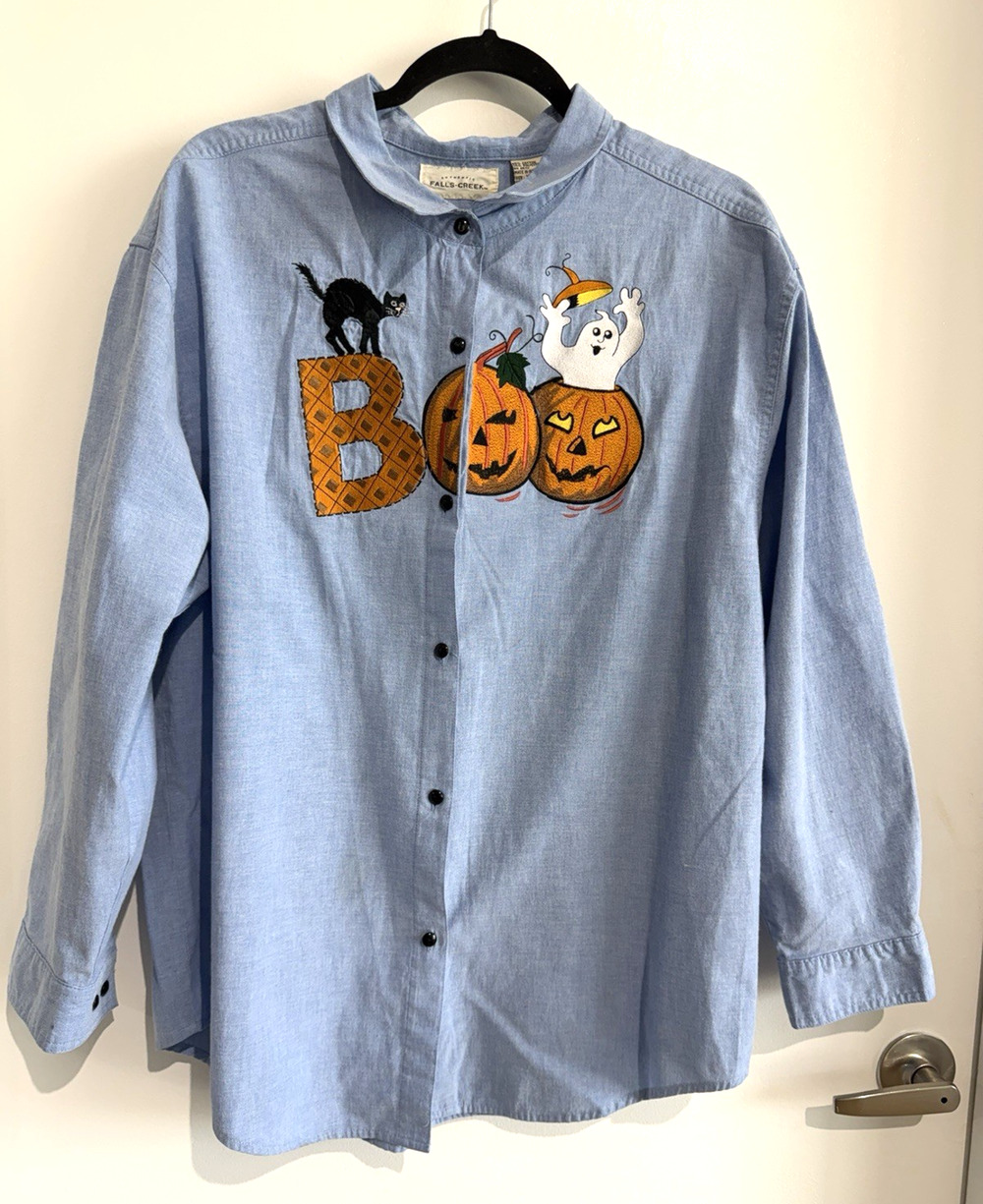 Vintage Halloween Embroidered Boo Button down Shirt Pumpkins Ghost Unisex Sz-XL